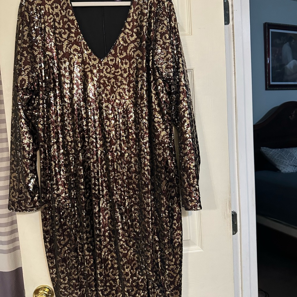 Roaman's Asymmetrical Sequin Dress in Black and Gold